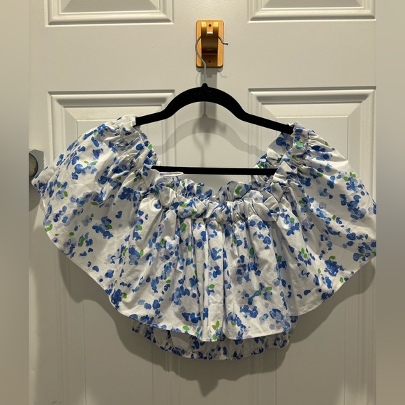 Caroline Constas Ruffle Off The Shoulder Floral Crop Top, - Picture 2 of 4